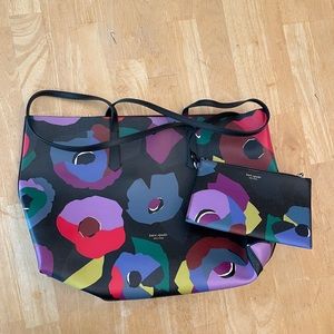 Kate Spade Tote, gently used, floral pattern, leather outside, suede inside